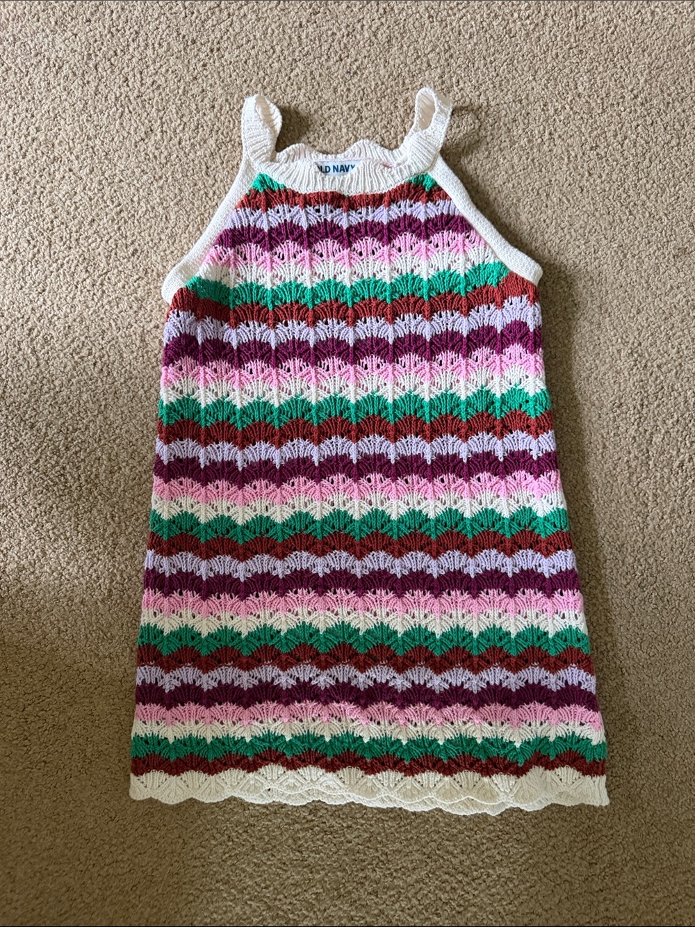 Old Navy Girls White-Trim Crochet SunDress with Pink, Green & Wine Stripes